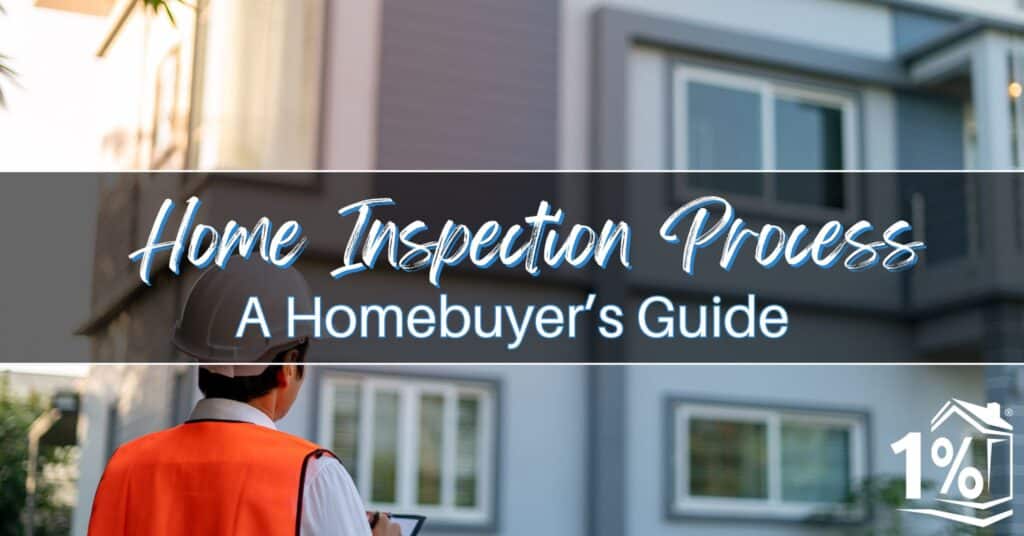 Inspector in an orange vest looking at a building with the text 'Home Inspection Process, A Homebuyer’s Guide.