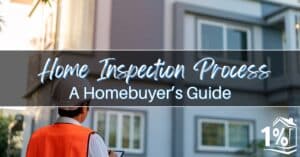 Inspector in an orange vest looking at a building with the text 'Home Inspection Process, A Homebuyer’s Guide.